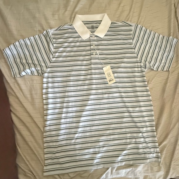 NWT PGA Tour Striped Golf Polo Shirt Short Sleeves Teal White Black Mens size XL - Picture 1 of 8